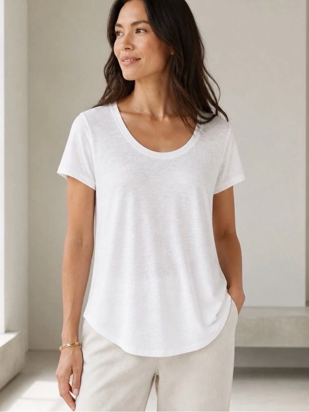 Eileen Fisher White Scoop Neck Short Sleeve Tee